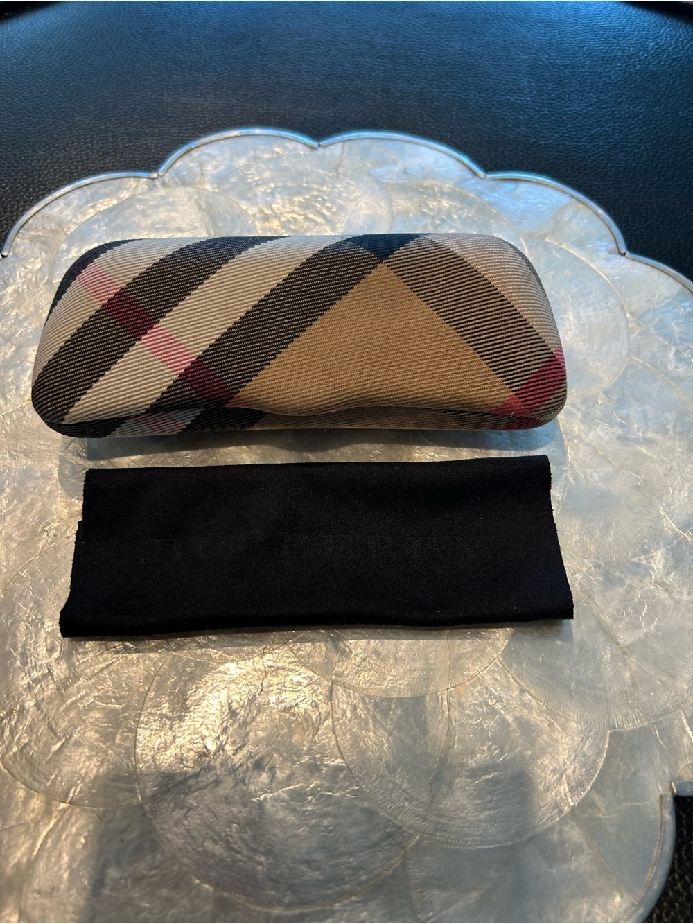 Burberry Tan Black and Red Plaid Eyeglass Case with Cleaning Cloth